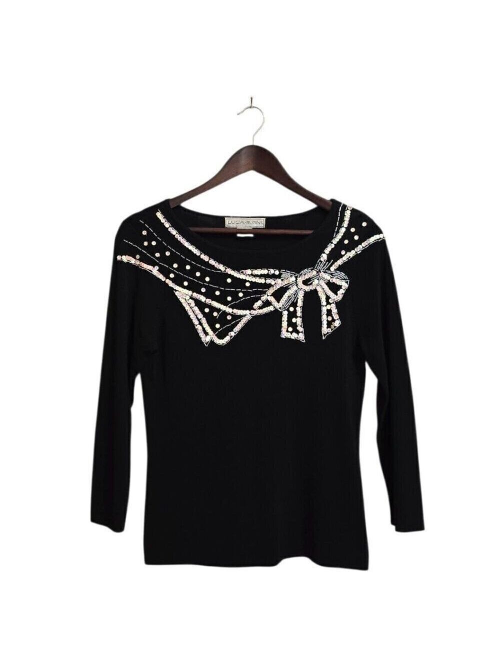 Lucia Burns Vintage Black Beaded Sequin Bow Detail 3/4 Sleeve Top Sz M
